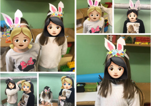 Jula, Wiki i Kaja w swoich Wielkanocnych opaskach z uszami królika.
